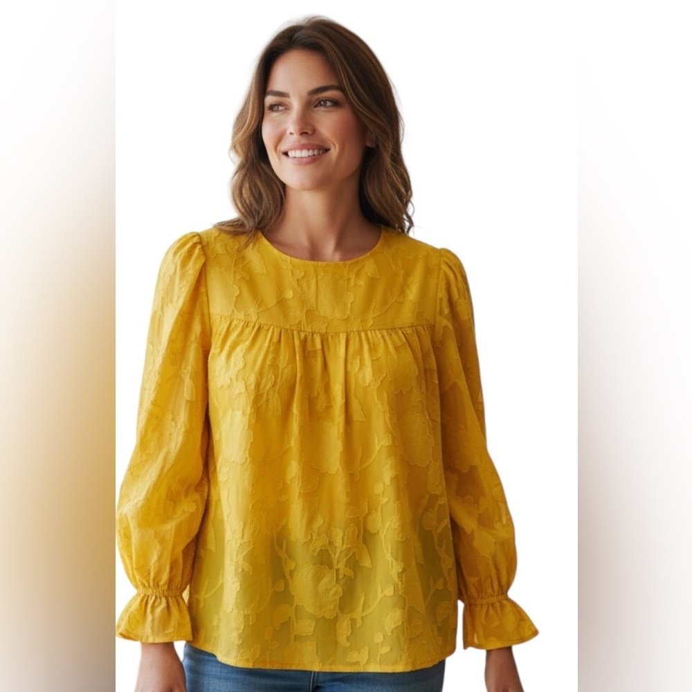 Funlingo Yellow Textured Long Sleeve Blouse XL Sheer Floral Polyester